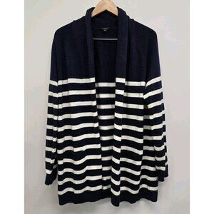 Talbots Open Front Cardigan Sweater Large Navy And Cream Striped Cashmere Blend